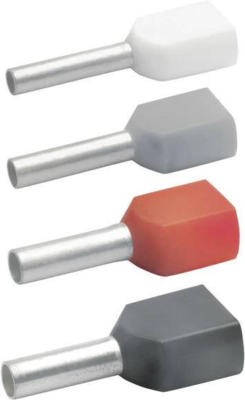 Four cable end ferrules in different colours: white, grey, red and dark grey, arranged vertically from top to bottom.