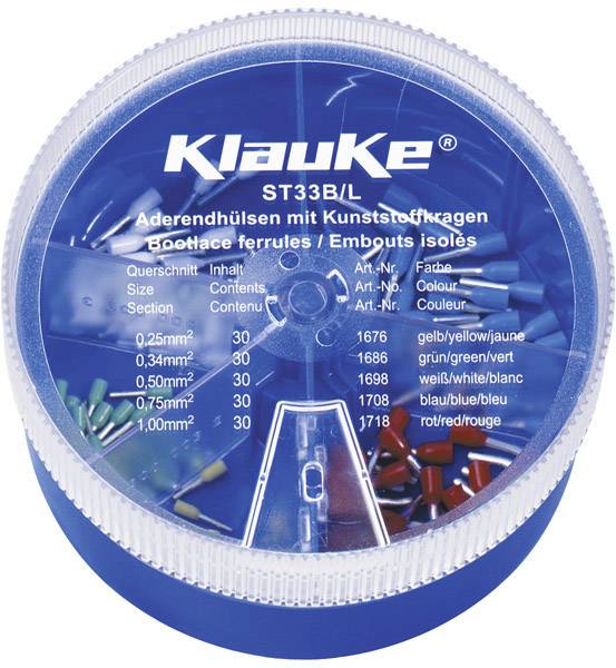 'Klauke ST33B/L' Box with coloured wire end ferrules: 0.25mm² to 1mm², 30 pieces per size, in Blue, Yellow, Red, Green and Black.