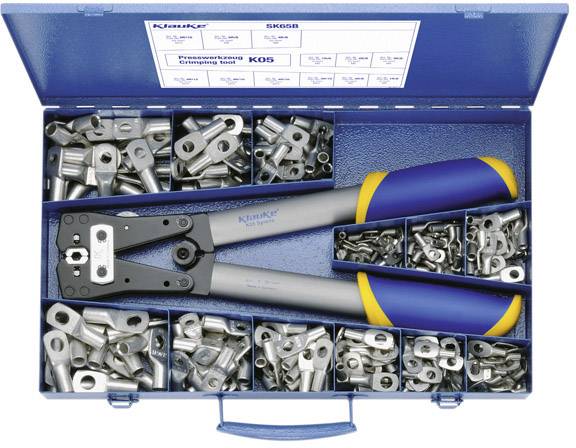 A blue box with various metal loops and a matching crimping pliers used for securing the loops.