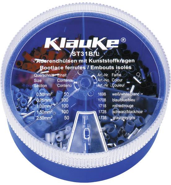 Round box with various wire end ferrules in white, red, blue, black and grey. Labelling is in multiple languages.