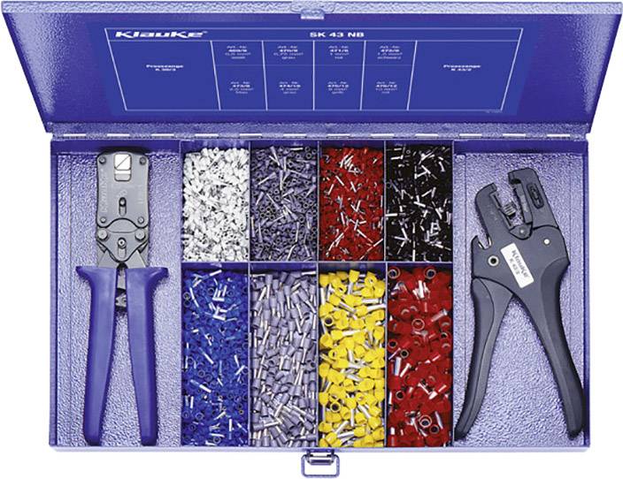 A blue toolbox containing two adjustable pliers and various cable lugs in different colours and sizes.