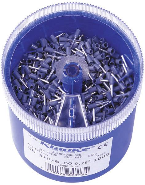 Blue plastic container filled with insulated wire end ferrules. Label shows specifications: diameter 0.75 mm, length 8 mm, 1000 pieces.