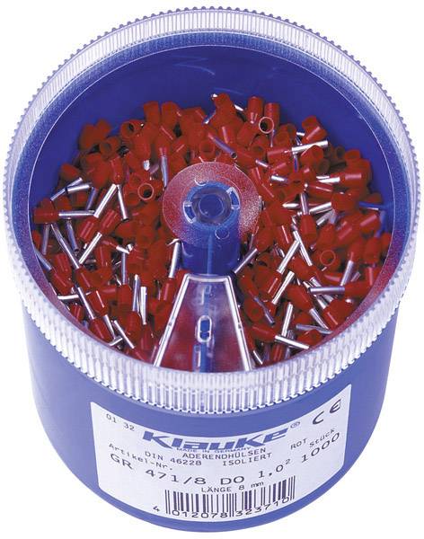 Small parts container with red cable end sleeves by Klauke, 1000 pieces, insulated with red plastic, item number 462B.