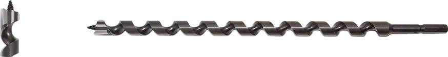 Long wood drill bit with a sharp point and spiral shaft, suitable for drilling deep holes in wooden materials.