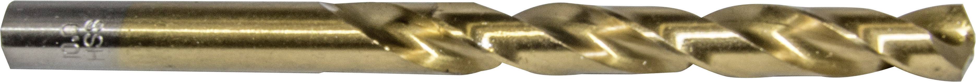 A golden-coloured metal spiral drill bit with a smooth surface. Sizes are engraved on the left side.
