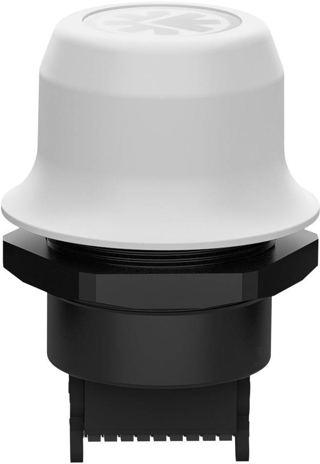 A large, round, white button with a black base, possibly an electrical switch or push button, viewed from above.