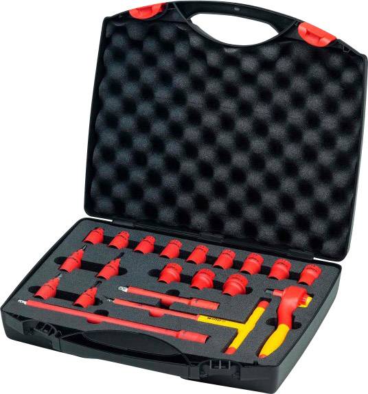 18-piece screwdriver and socket set in a plastic case, insulated, red-yellow. Designed for electrical work.