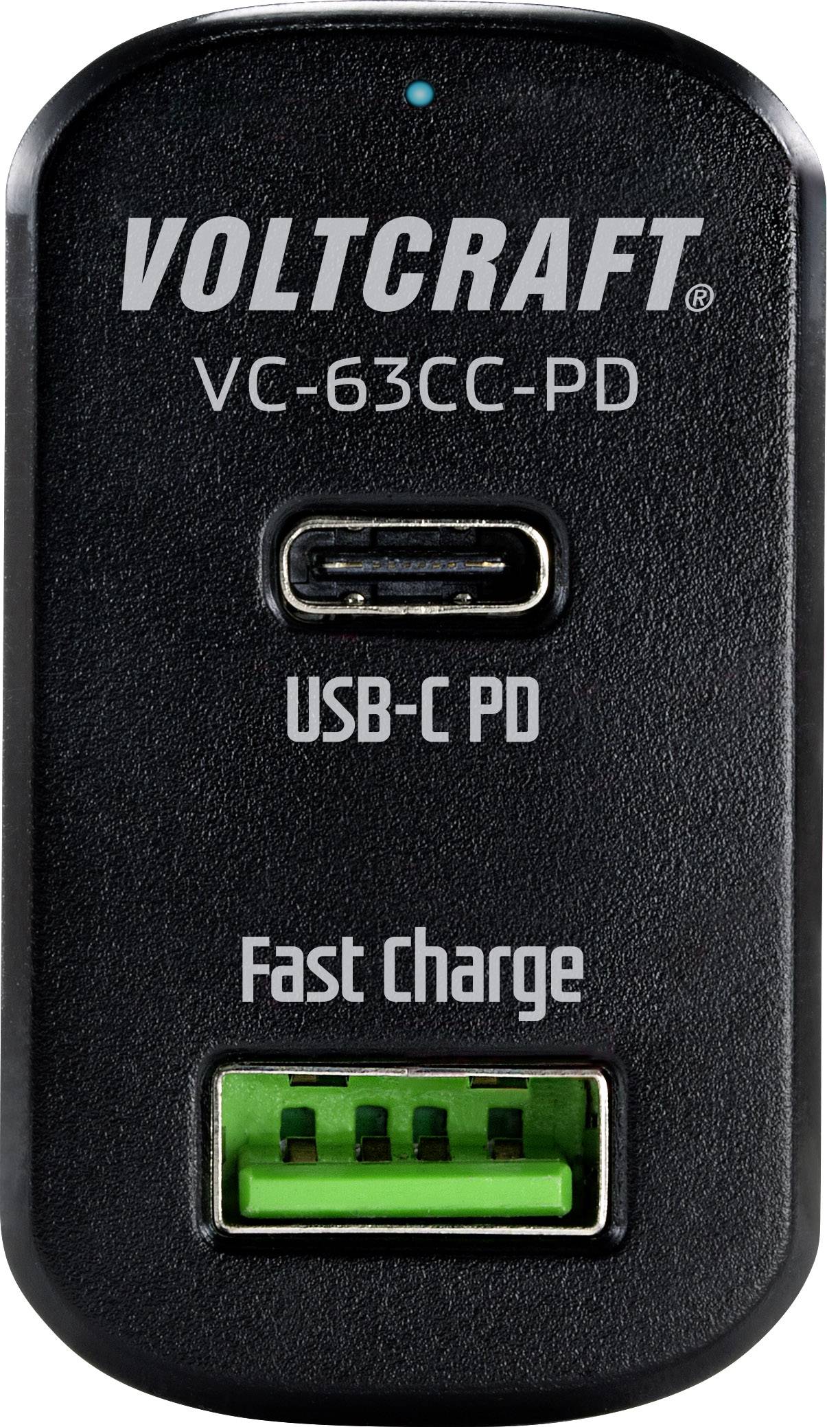 A black Voltcraft charger, model 'VC-63CC-PD', with USB-C PD and green 'Fast Charge' port for rapid charging.