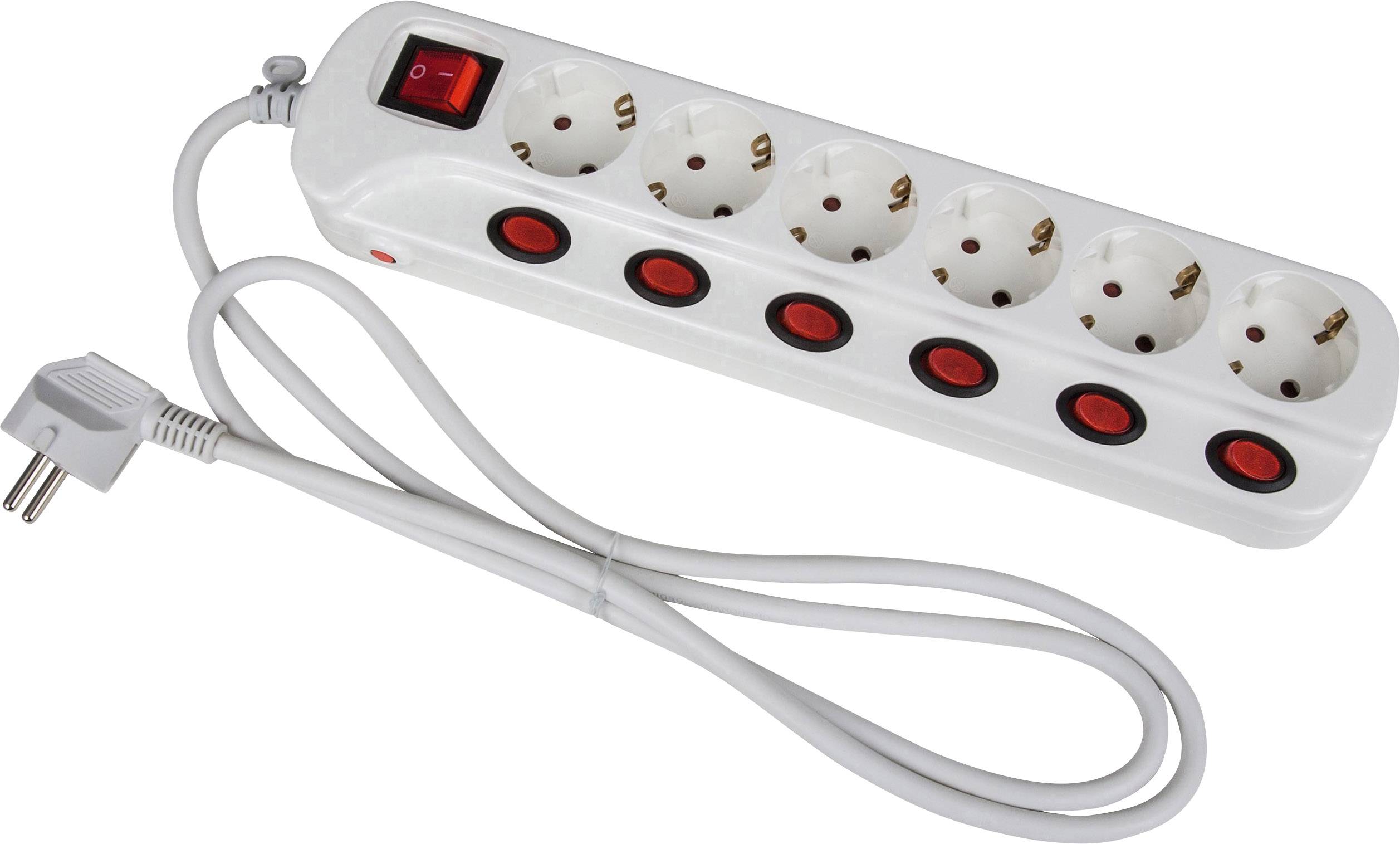 White multi-socket extension with six outlets and a red on/off switch, connected to a long cable.