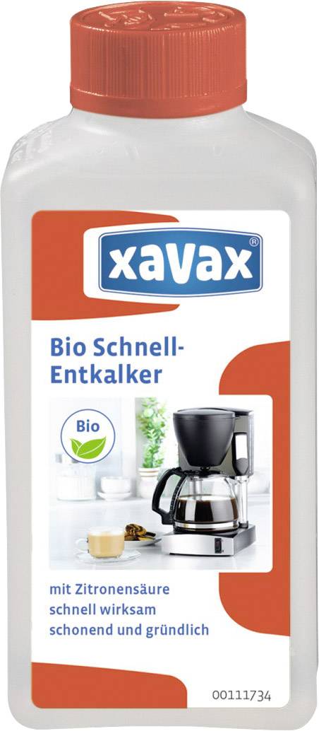 'Xavax Bio Rapid Descaler' bottle with an image of a coffee machine. Text: 'Quickly effective with citric acid, gentle and thorough.'
