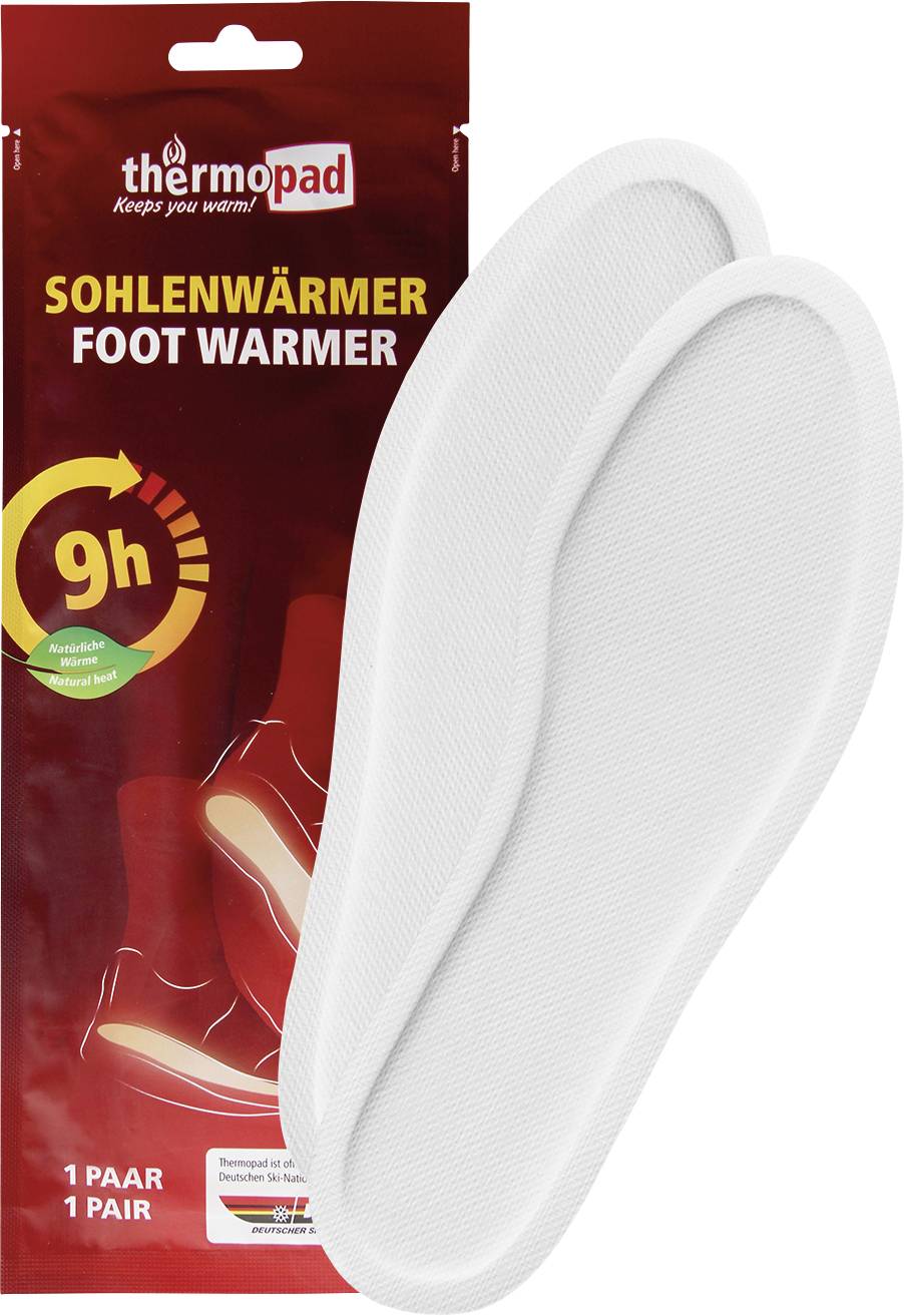 'Foot warmer insoles for 9 hours of warmth' packaging shows two white insoles. The red package displays product details in German and English.