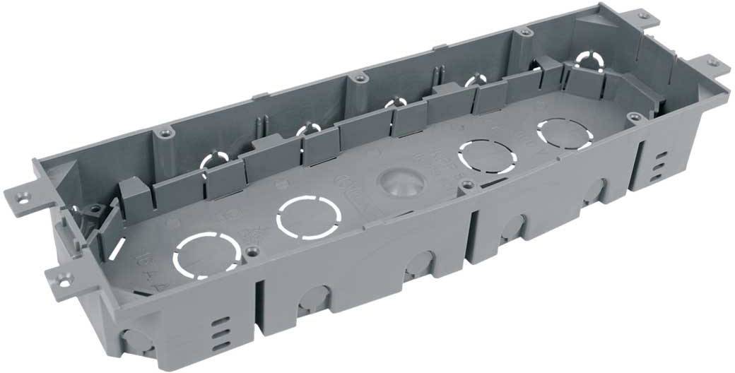 Grey plastic electrical mounting box, rectangular shape, with side and top cable openings, suitable for wall installation.