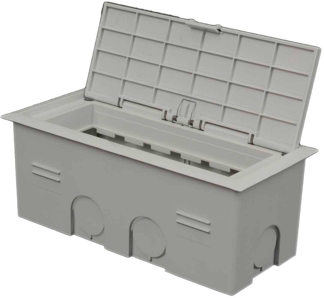 Grey rectangular plastic box with an open lattice-style lid and multiple round openings on the sides.