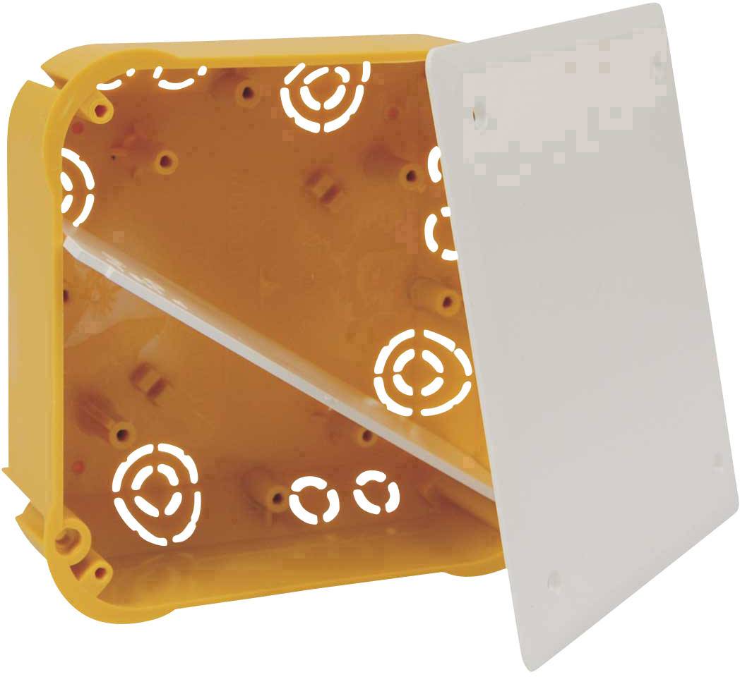 An orange plastic wall mounting enclosure with a removable, rectangular white lid. Suitable for electrical installations.