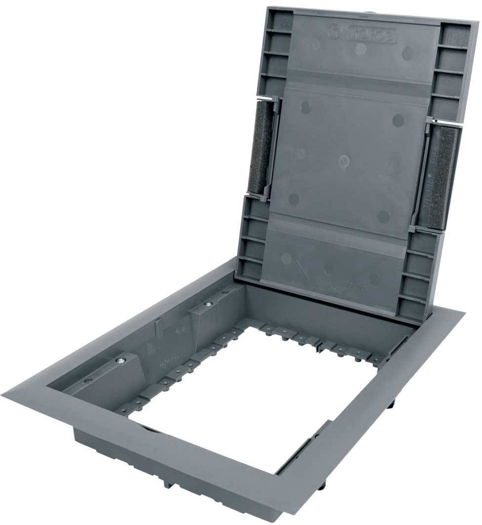 Open rectangular floor channel made of grey plastic, suitable for cable management. The lid is partially open, revealing compartments.