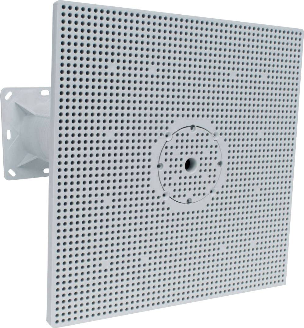 A white, square speaker grille with numerous small round holes, mounted on a wall bracket.