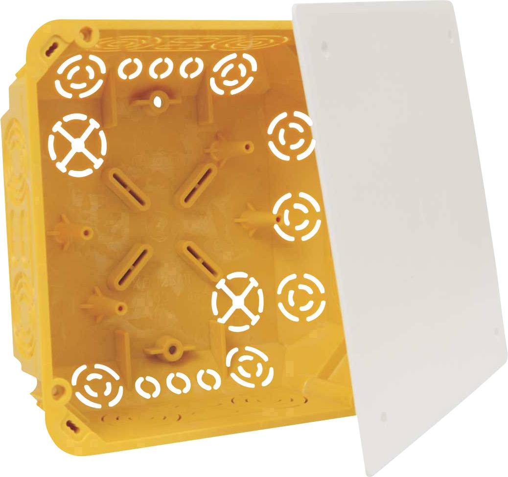 Orange electrical junction box with a removable white cover, featuring multiple round openings on the sides for cable entry.