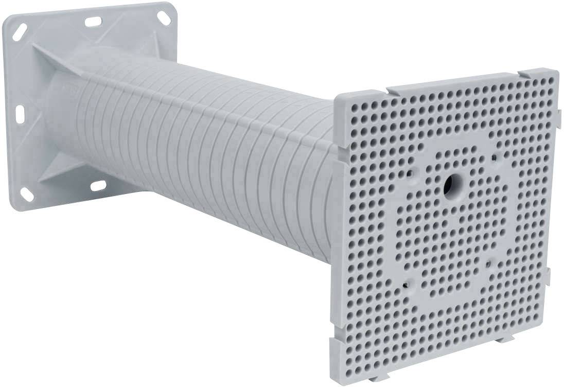 A rectangular ventilation duct made of plastic with a perforated front plate, suitable for wall installations.