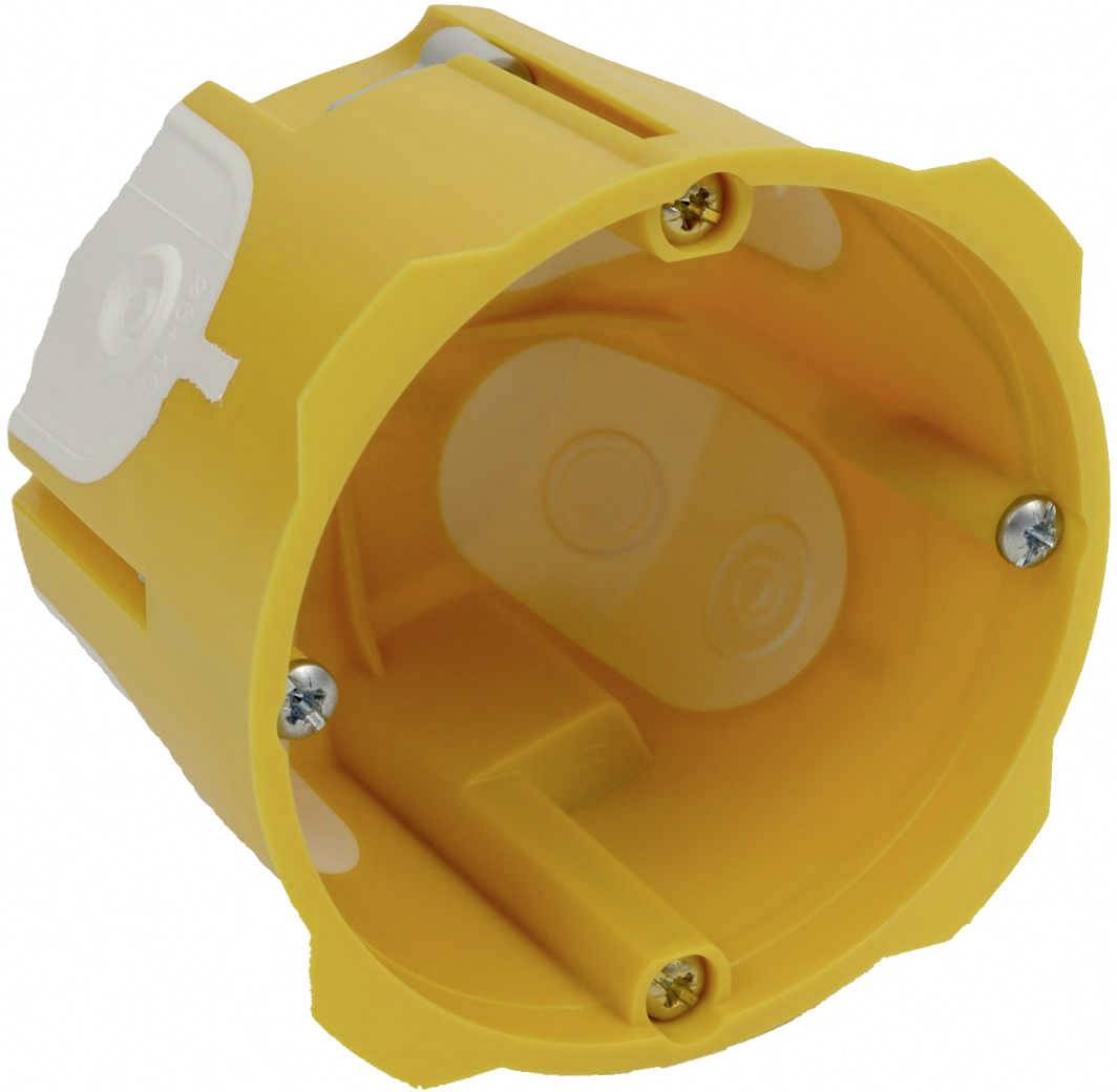 Yellow plastic flush-mounted back box with three visible screw holes, used for flush-mounting electrical connections.
