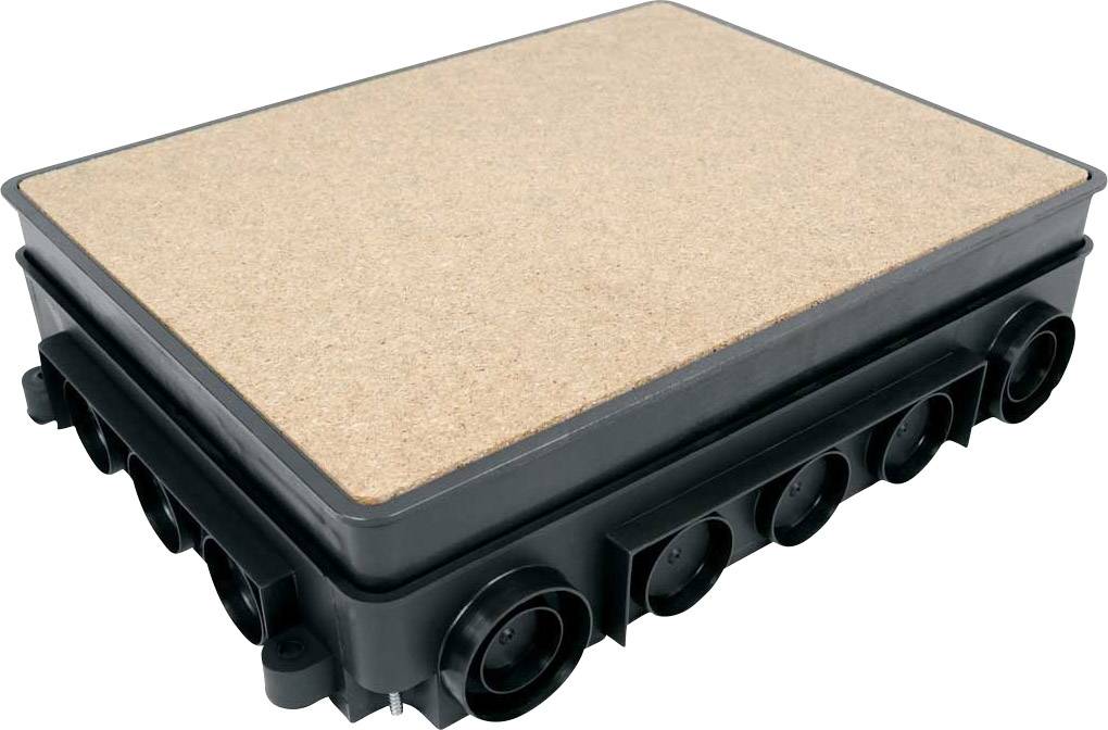 A rectangular black plastic enclosure with multiple round connections and a cork cover on the top surface.