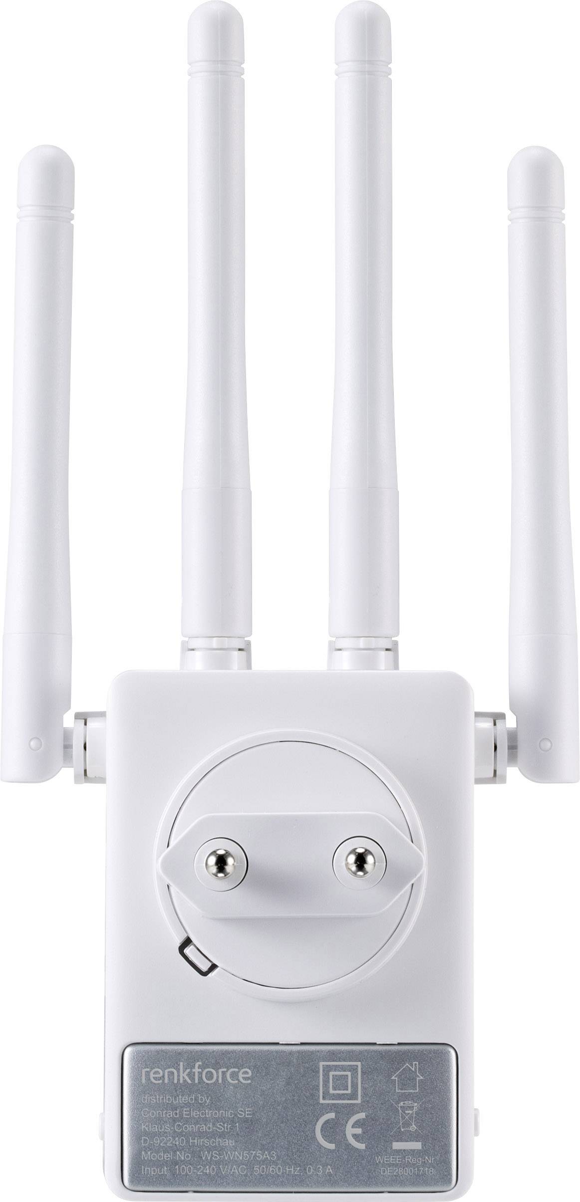 A white Wi-Fi repeater with four visible aerials, a power socket, and technical specifications on the underside.