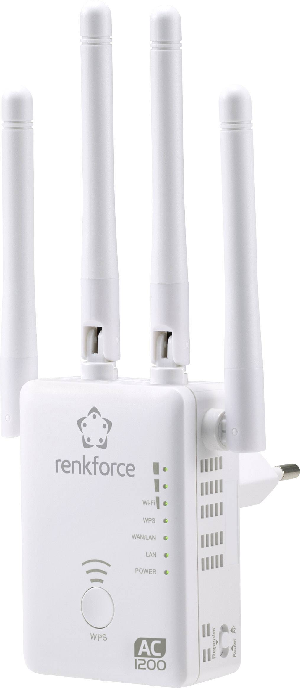 A white Wi-Fi repeater with three aerials. LEDs indicate the status for wireless, LAN and power. Brand 'Renkforce', model 'AC 1200'.