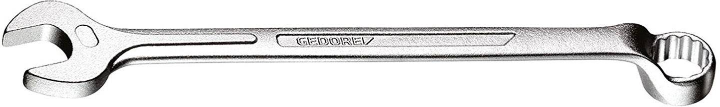 A metal spanner with an open and ring-ended side, suitable for loosening and tightening screws or nuts.