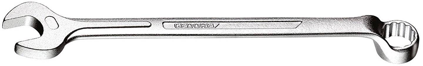 A silver combination spanner lies horizontally; an open-ended side on the left, a closed ring side on the right. Brand name embossed.