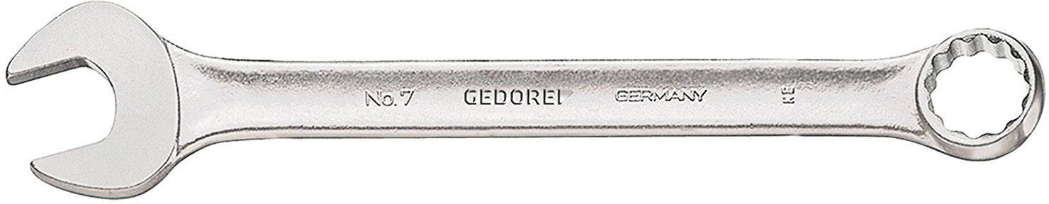 A silver spanner with an open-end and ring-end, stamped with 'Gedore', 'No. 7', 'Germany'.