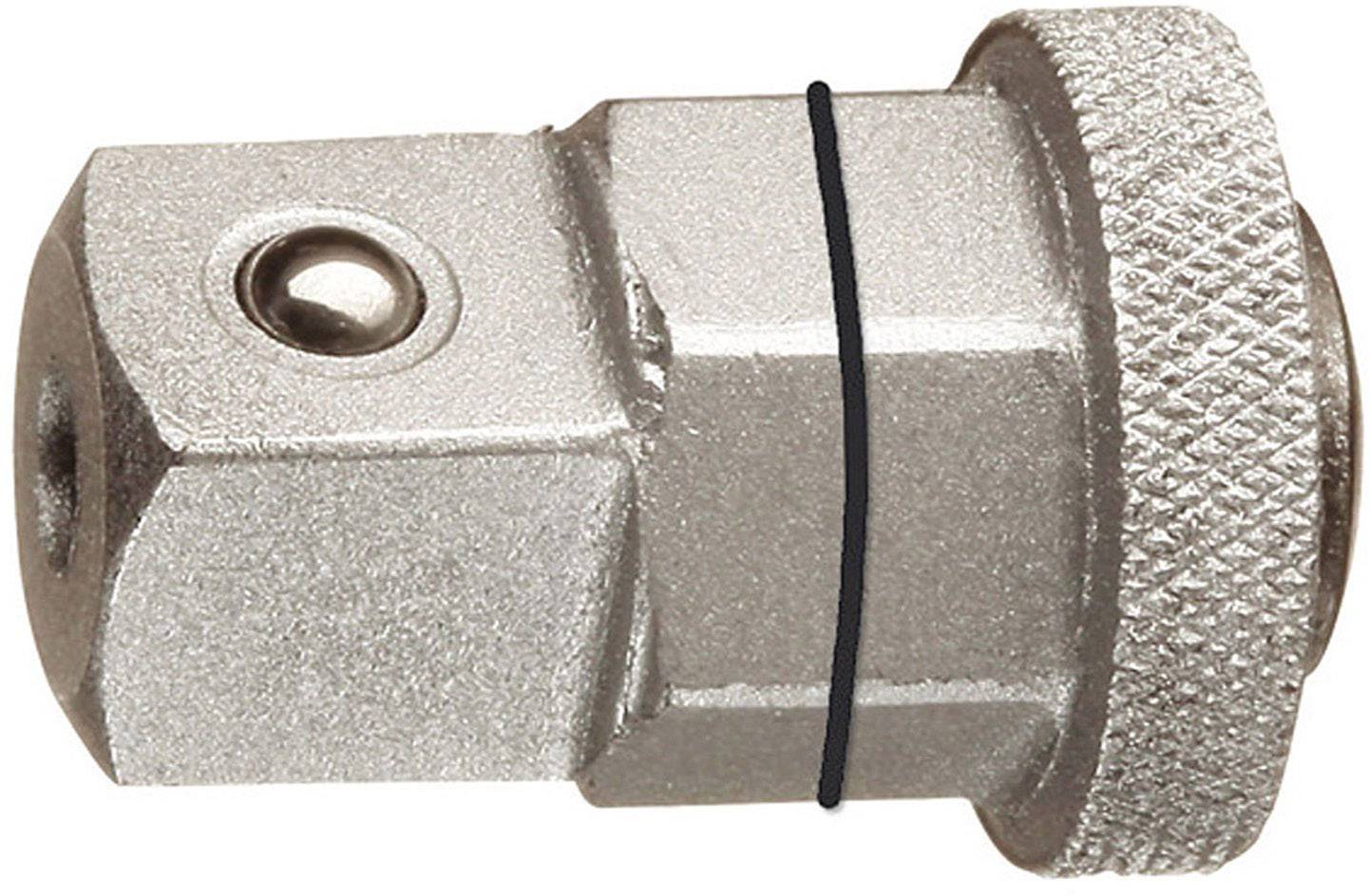 A silver metal valve with a knurled ring, a black rubber band, and a small ball at one end.