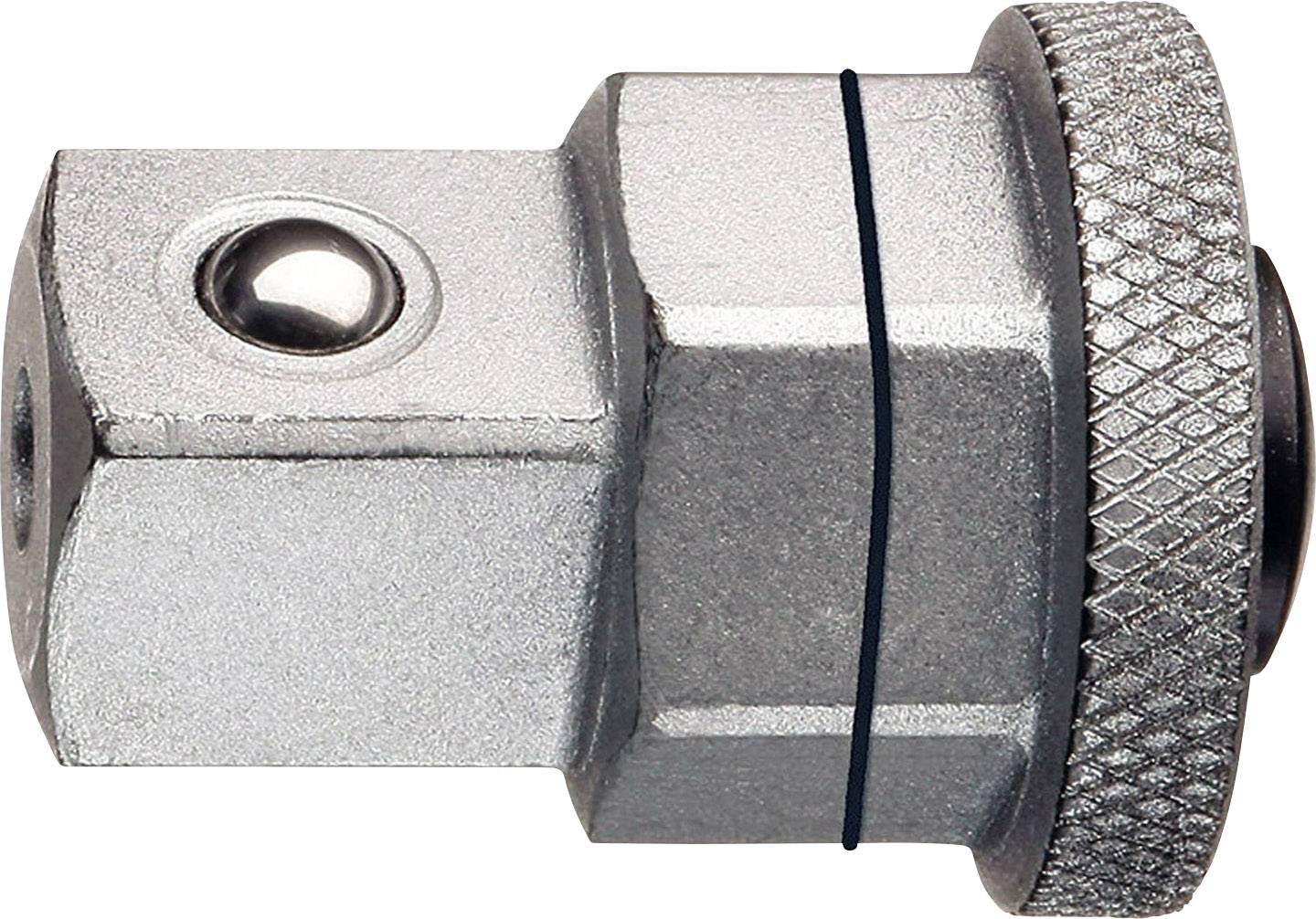 Metal adapter in cylindrical form with a ribbed edge and screw hole. Used in mechanical or technical applications.