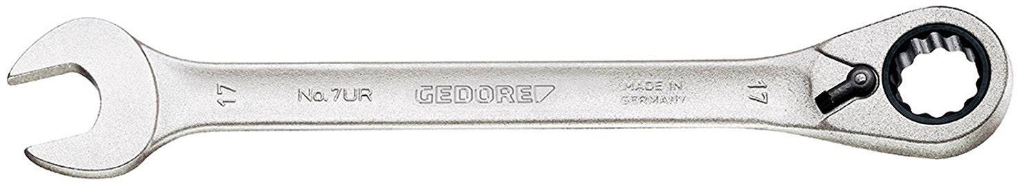 A silver combination spanner with open and ring ends. Inscription: 'GEDORE' and indication of the spanner size 17.