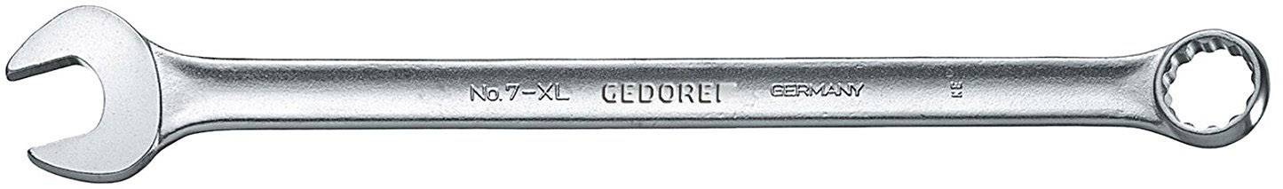 A silver spanner with an open and ring-ended design, with the brand name 'GEDORE' engraved on the handle.