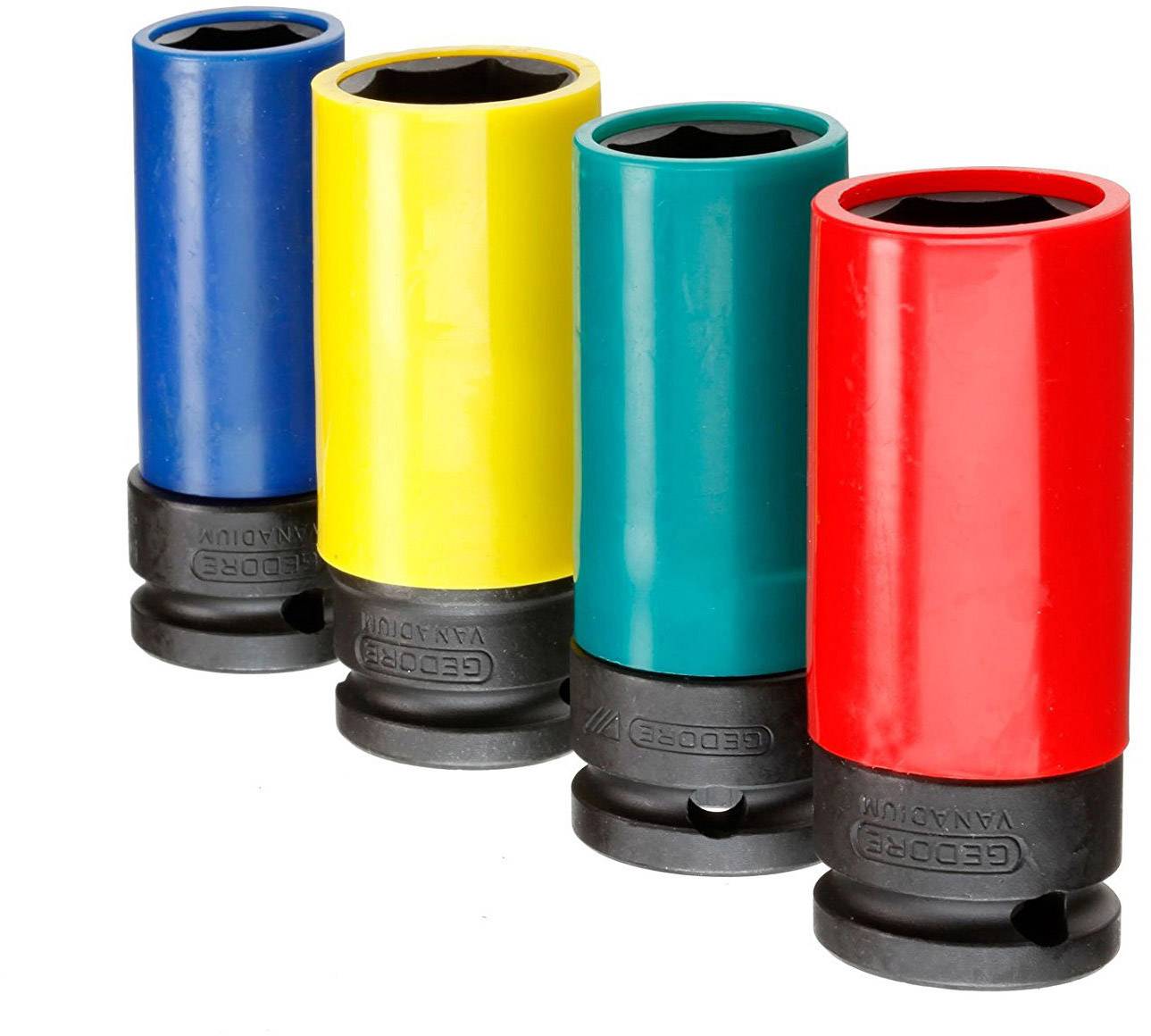 Four colourful socket inserts in blue, yellow, green and red are standing side by side. They have indentations at the ends.