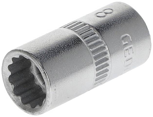 Socket wrench in cylindrical form with a twelve-sided opening and knurled handle. Stamped with '8' and 'GED' for size and brand.