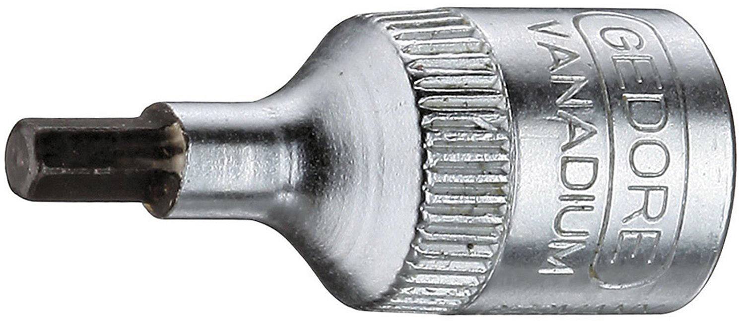 A silver hexagonal bit made of chrome vanadium steel with the engraving 'GEDORE VANADIUM', close-up.