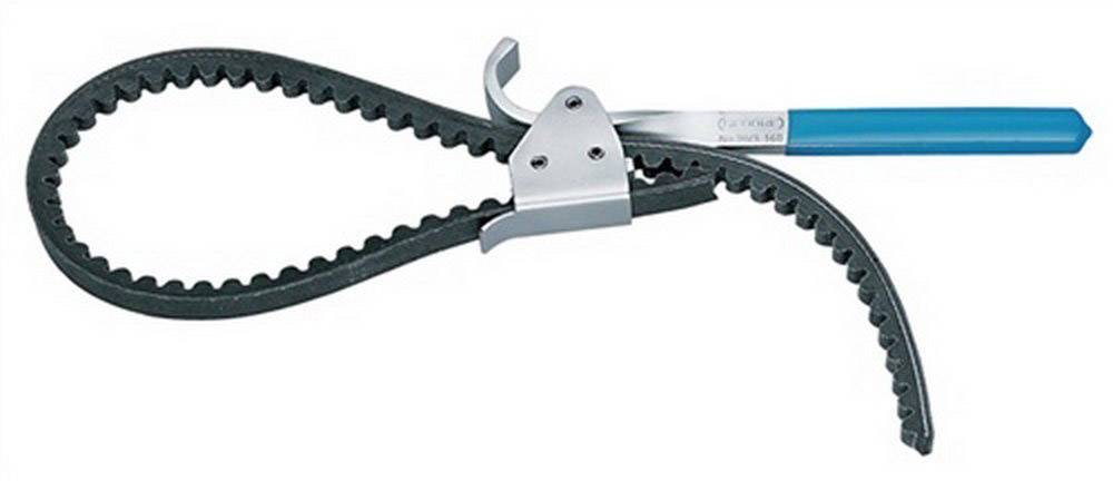 Oil filter removal tool, consisting of a metal handle and a serrated webbing strap to accommodate different sizes.