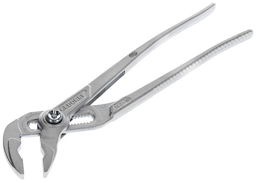 A grey water pump pliers with a ribbed handle and adjustable jaw. Suitable for gripping and holding objects.
