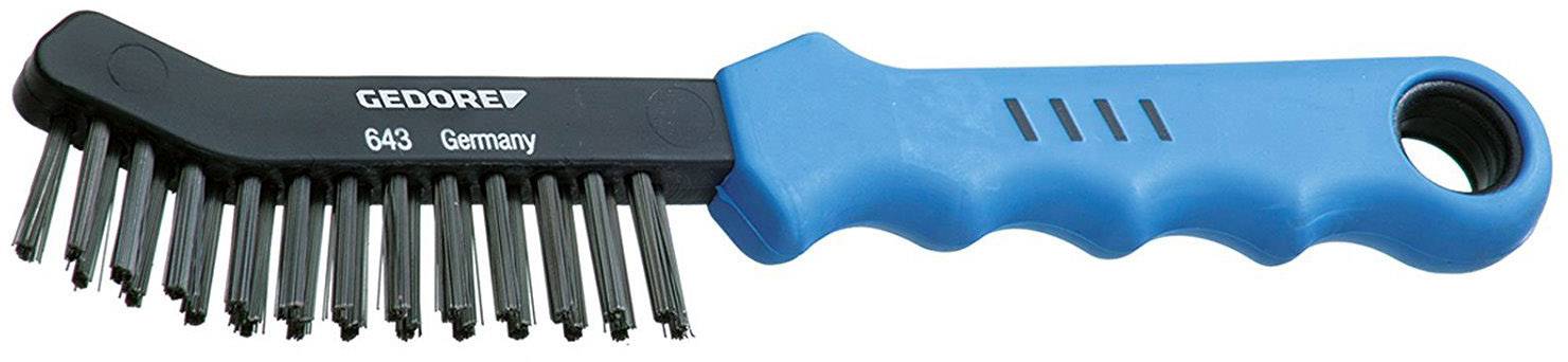 A hand brush with a blue handle and stiff black bristles, marked with 'Gedore 643 Germany'. Ideal for cleaning surfaces.