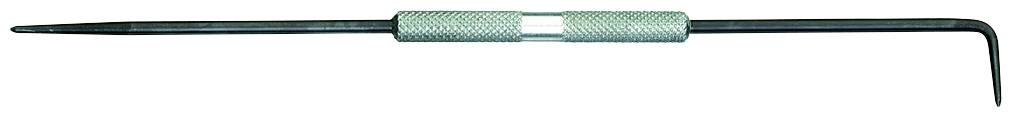 A metallic dental instrument with two different ends: a pointed tip and a curved end, which is used for dental treatment.