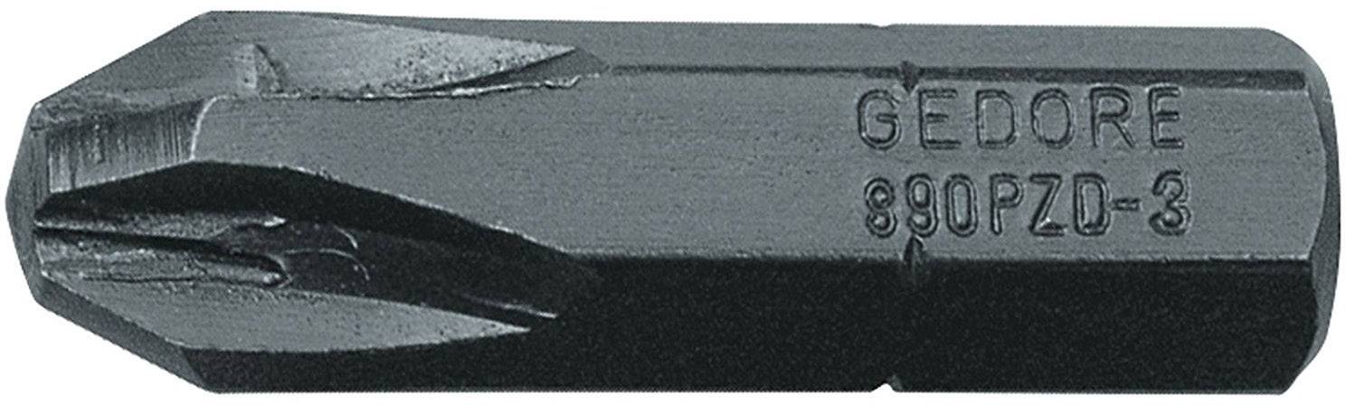 A metal screwdriver bit with the inscription 'GEDORE 890PZD-3'. Suitable for Pozidriv screws, robust quality.