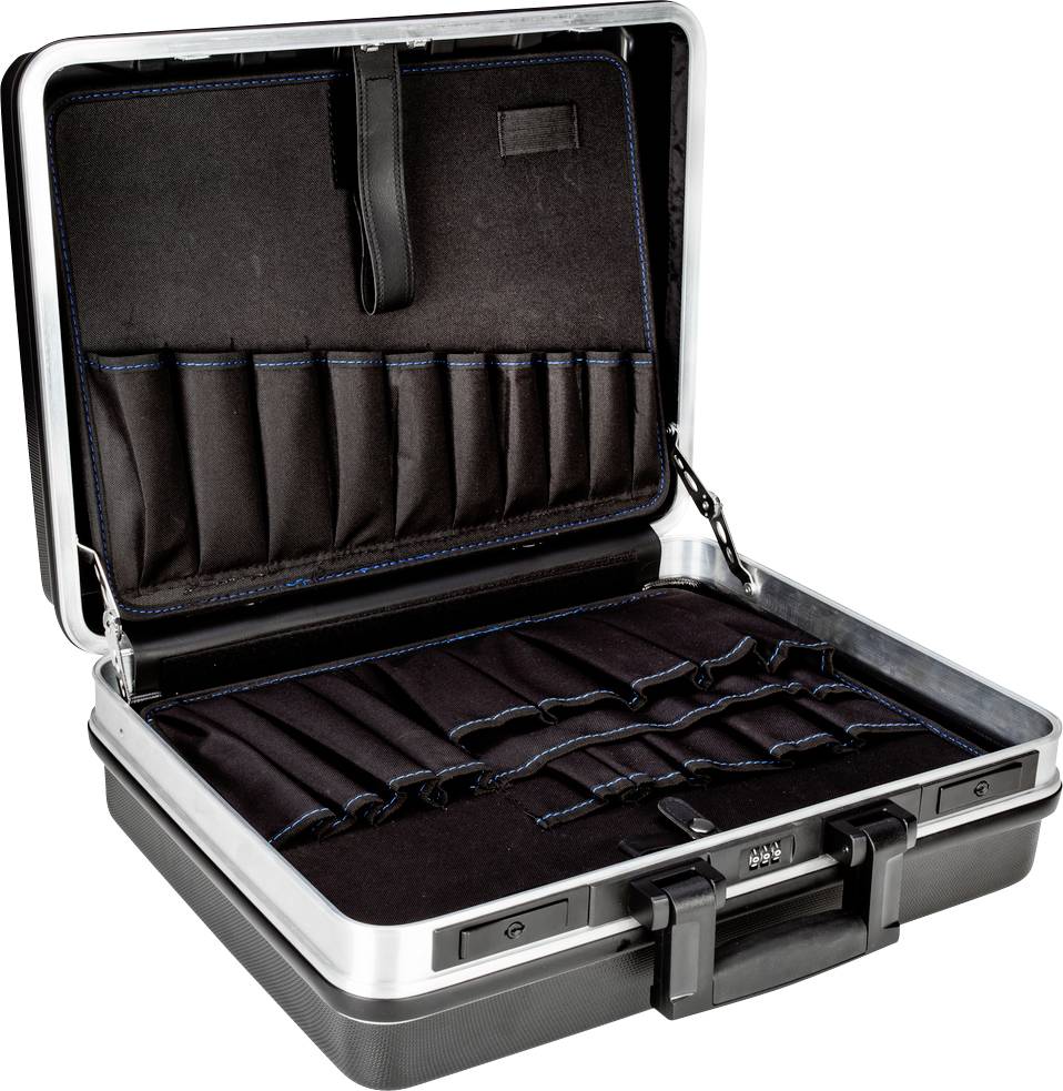 Silver, open briefcase with multiple compartments and pockets, suitable for transporting documents or tools.