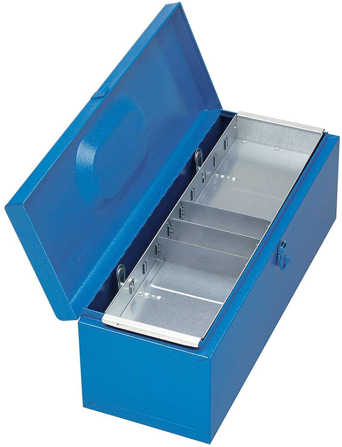 Blue, open metal case with four removable and adjustable compartments for organising small parts or tools.