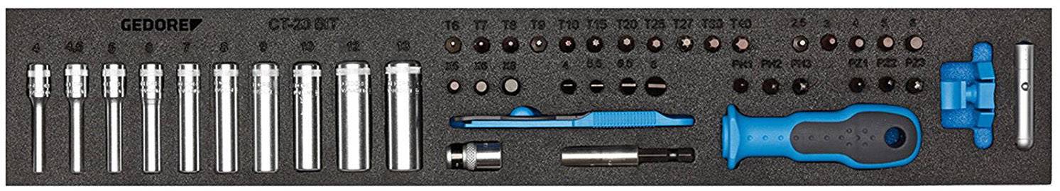 A tool set with socket wrenches, bits and screwdriver handle. Contains various sizes and shapes for versatile applications.