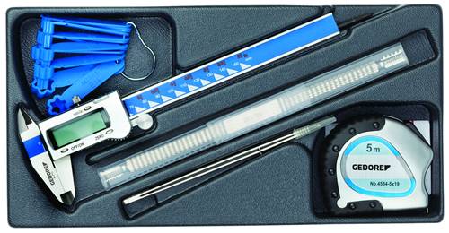 Measuring Tool Set in Case: digital vernier caliper, tape measure '5 m', depth gauge, steel ruler and blue plastic wedges.