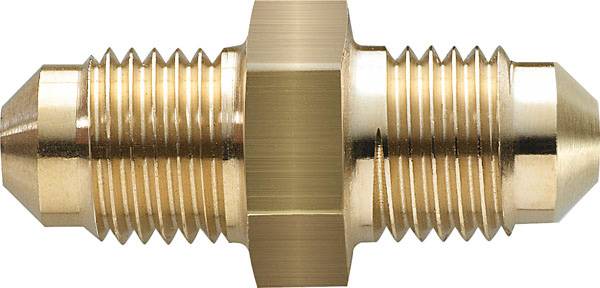 Brass adapter with two tapered ends and a central hexagonal section, suitable for connecting pipes or hoses.