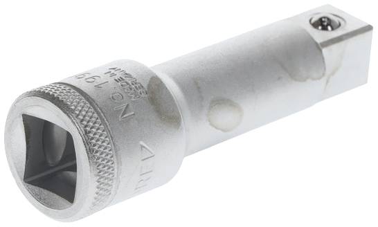 Silver cylindrical plug extension with a square socket at one end and a knurled edge at the other end.