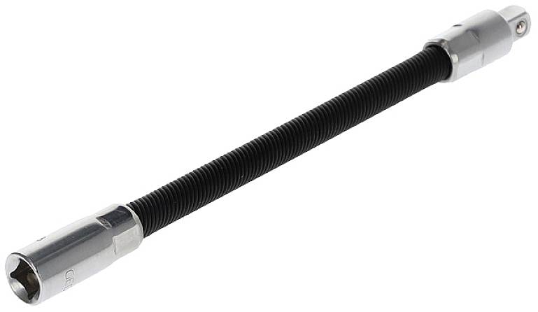 A flexible metal socket extension with a black, ribbed central section and silver ends.
