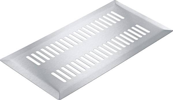 A rectangular, silver air intake with parallel-arranged slots, used for ventilation in buildings or devices.