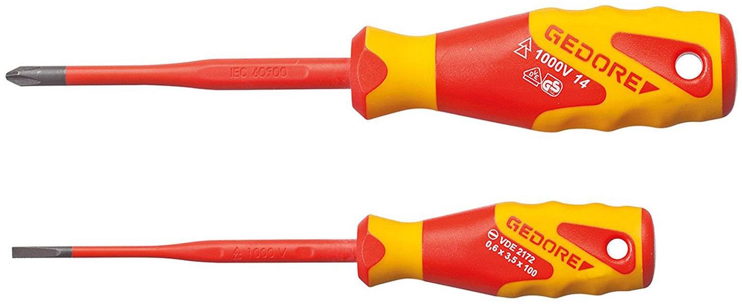 Two isolated screwdrivers in red and yellow. Top: Phillips head, bottom: flathead. Brand name 'Gedore' and voltage indication visible.